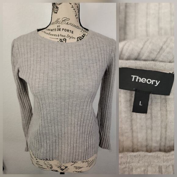 Theory Long Sleeves Top Womens SZ Large Semi Crop Stretch Wool Ribbed Gray Crew - Picture 1 of 10